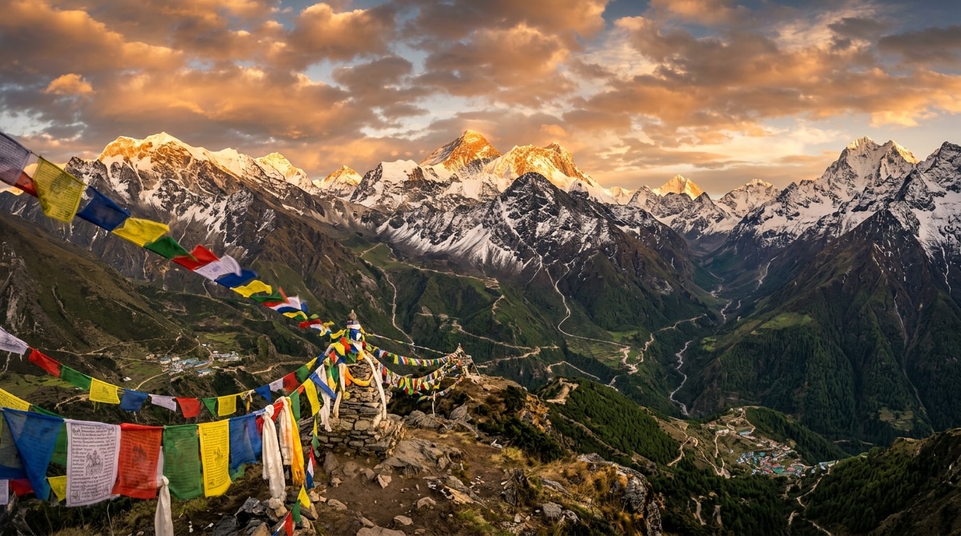 Golden light over the Himalayas and colourful prayer flags